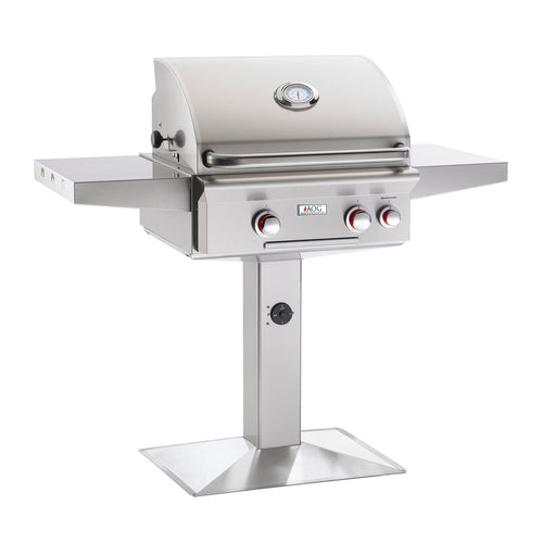 AOG American Outdoor Grill Natural Gas 24-Inch T-Series 2-Burner Grill w/ Side Burner, Rotisserie Backburner and High Performance Rotisserie Kit on Pedestal - 24NPT