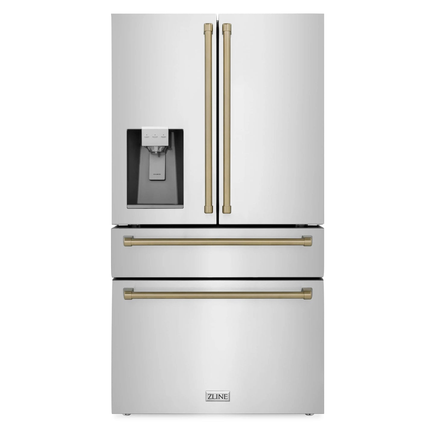 ZLINE Autograph Edition 4-Piece Appliance Package - 48-Inch Dual Fuel Range, Refrigerator with Water Dispenser, Wall Mounted Range Hood, & 24-Inch Tall Tub Dishwasher in Stainless Steel with Champagne Bronze Trim (4AKPR-RARHDWM48-CB)
