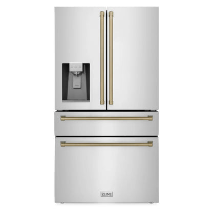 ZLINE Autograph Edition 4-Piece Appliance Package - 48-Inch Dual Fuel Range, Refrigerator with Water Dispenser, Wall Mounted Range Hood, & 24-Inch Tall Tub Dishwasher in Stainless Steel with Champagne Bronze Trim (4AKPR-RARHDWM48-CB)