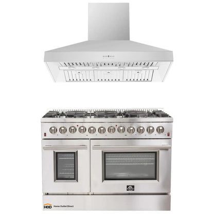 Forno 2-Piece Appliance Package - 48-Inch Dual Fuel Range & Wall Mount Hood in Stainless Stee - AP2-6156-48l