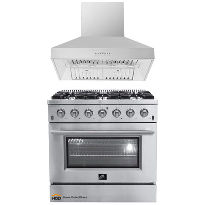 Forno 2-Piece Appliance Package - 36-Inch Gas Range & Wall Mount Hood in Stainless Steel - AP2-6244-36