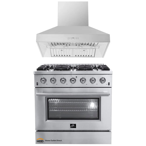 Forno 2-Piece Appliance Package - 36-Inch Gas Range & Wall Mount Hood in Stainless Steel - AP2-6244-36