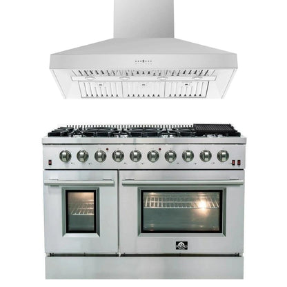 Forno 2-Piece Appliance Package - 48-Inch Gas Range & Wall Mount Hood in Stainless Steel - AP2-6244-48