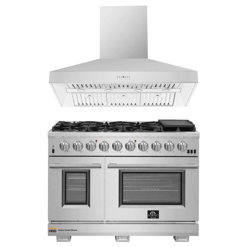 Forno 2-Piece Pro Appliance Package - 48-Inch Gas Range & Wall Mount Hood in Stainless Steel - AP2-6260-48