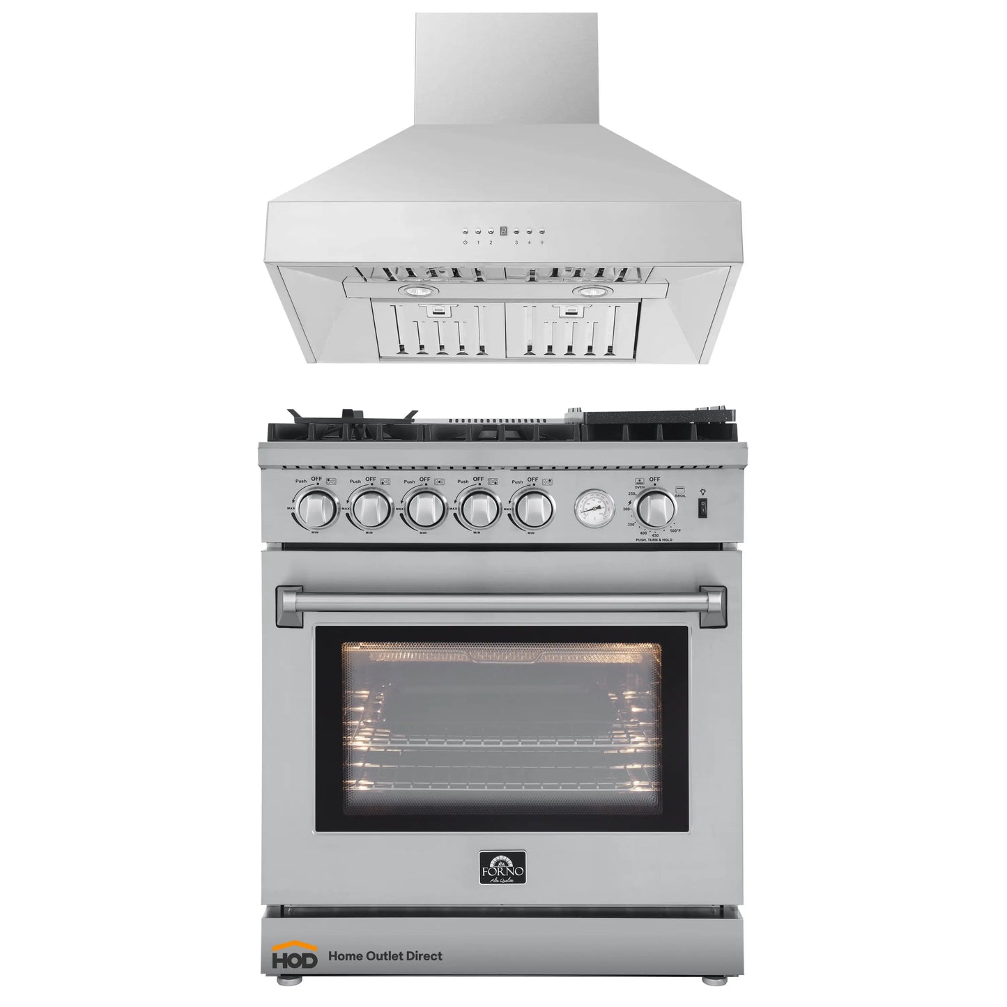 Forno 2-Piece Appliance Package - 30-Inch Gas Range with Air Fryer & Wall Mount Hood in Stainless Steel - AP2-6276-30