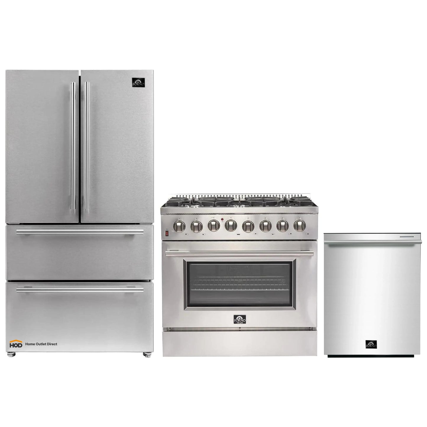 Forno 3-Piece Appliance Package - 36-Inch Dual Fuel Range, French Door Refrigerator, and Dishwasher in Stainless Steel - FBDL-004-02CAUS