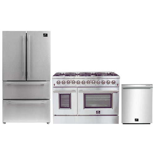 Forno 3-Piece Appliance Package - 48-Inch Dual Fuel Range, French Door Refrigerator, and Dishwasher in Stainless Steel - AP3-6156-48