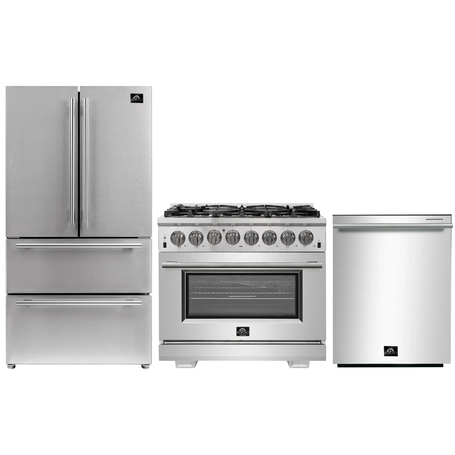 Forno 3-Piece Pro Appliance Package - 36-Inch Dual Fuel Range, French Door Refrigerator, and Dishwasher in Stainless Steel - AP3-6187-36