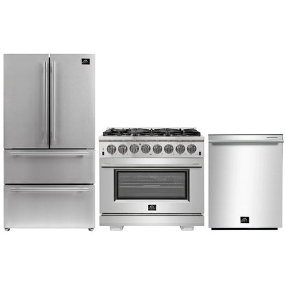Forno 3-Piece Pro Appliance Package - 36-Inch Dual Fuel Range, French Door Refrigerator, and Dishwasher in Stainless Steel - AP3-6187-36