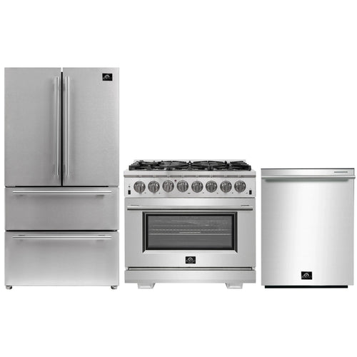 Forno 3-Piece Pro Appliance Package - 36-Inch Dual Fuel Range, French Door Refrigerator, and Dishwasher in Stainless Steel - AP3-6187-36