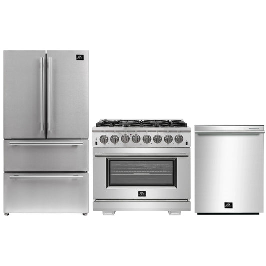 Forno 3-Piece Pro Appliance Package - 36-Inch Dual Fuel Range, French Door Refrigerator, and Dishwasher in Stainless Steel - AP3-6187-36