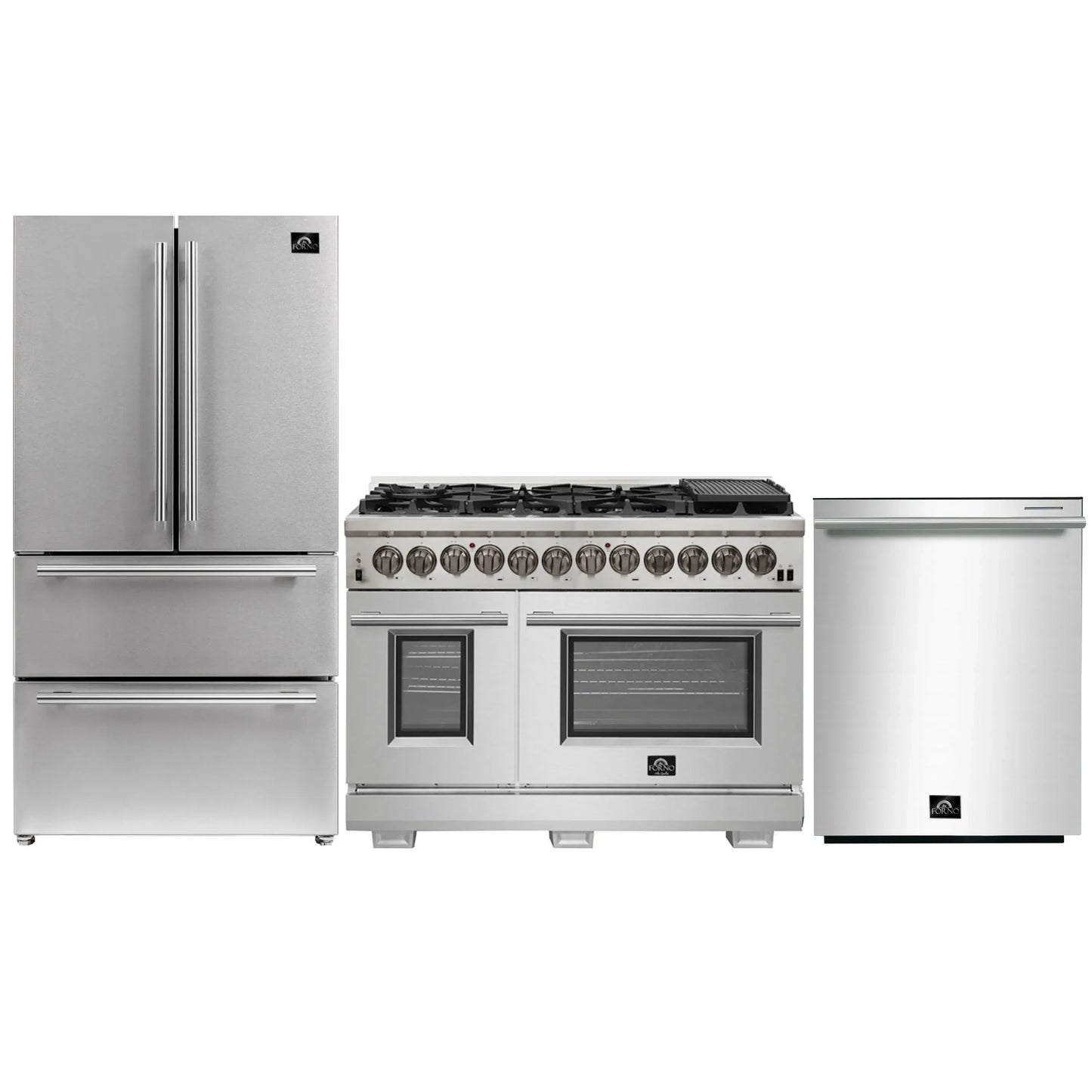 Forno 3-Piece Pro Appliance Package - 48-Inch Dual Fuel Range, French Door Refrigerator, and Dishwasher in Stainless Stee -0 AP3-6187-48l