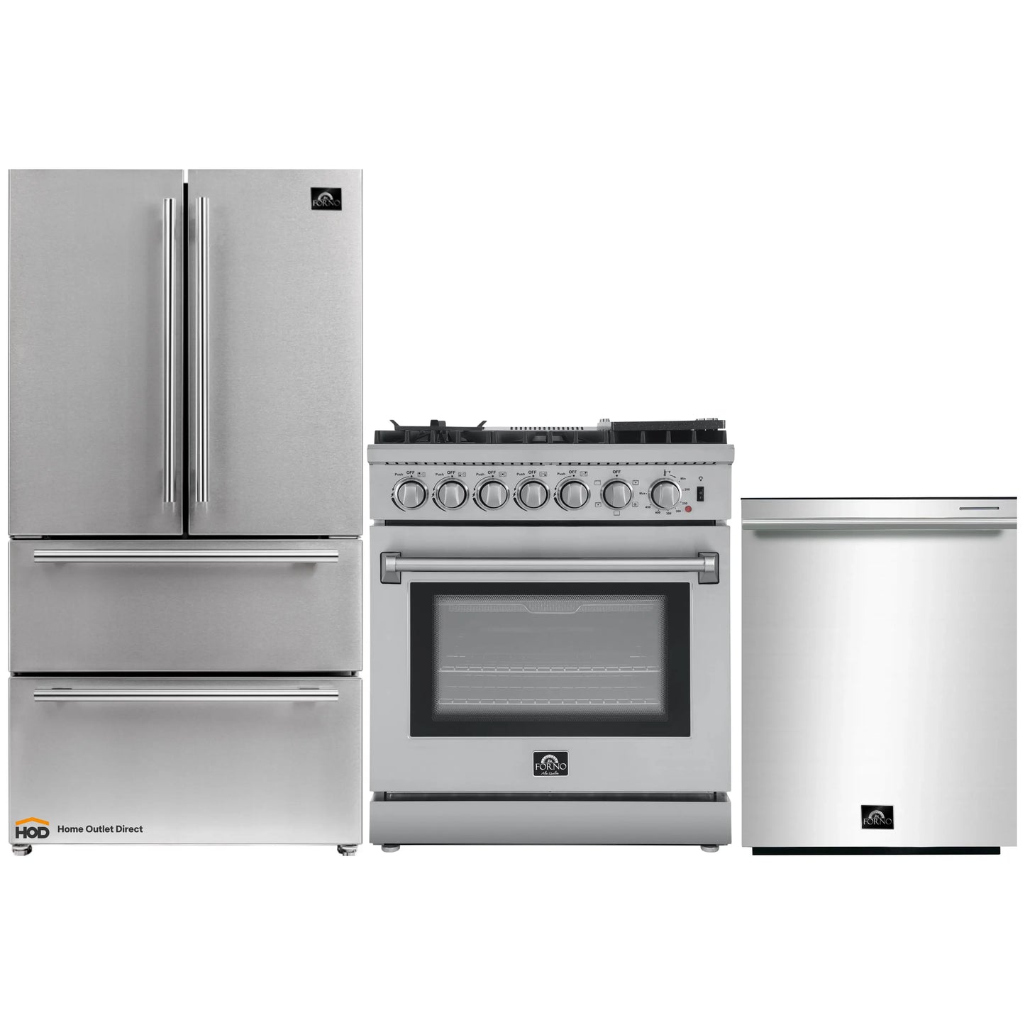 Forno 3-Piece Appliance Package - 30-Inch Dual Fuel Range with Air Fryer, French Door Refrigerator, and Dishwasher in Stainless Steel - AP3-6196-30