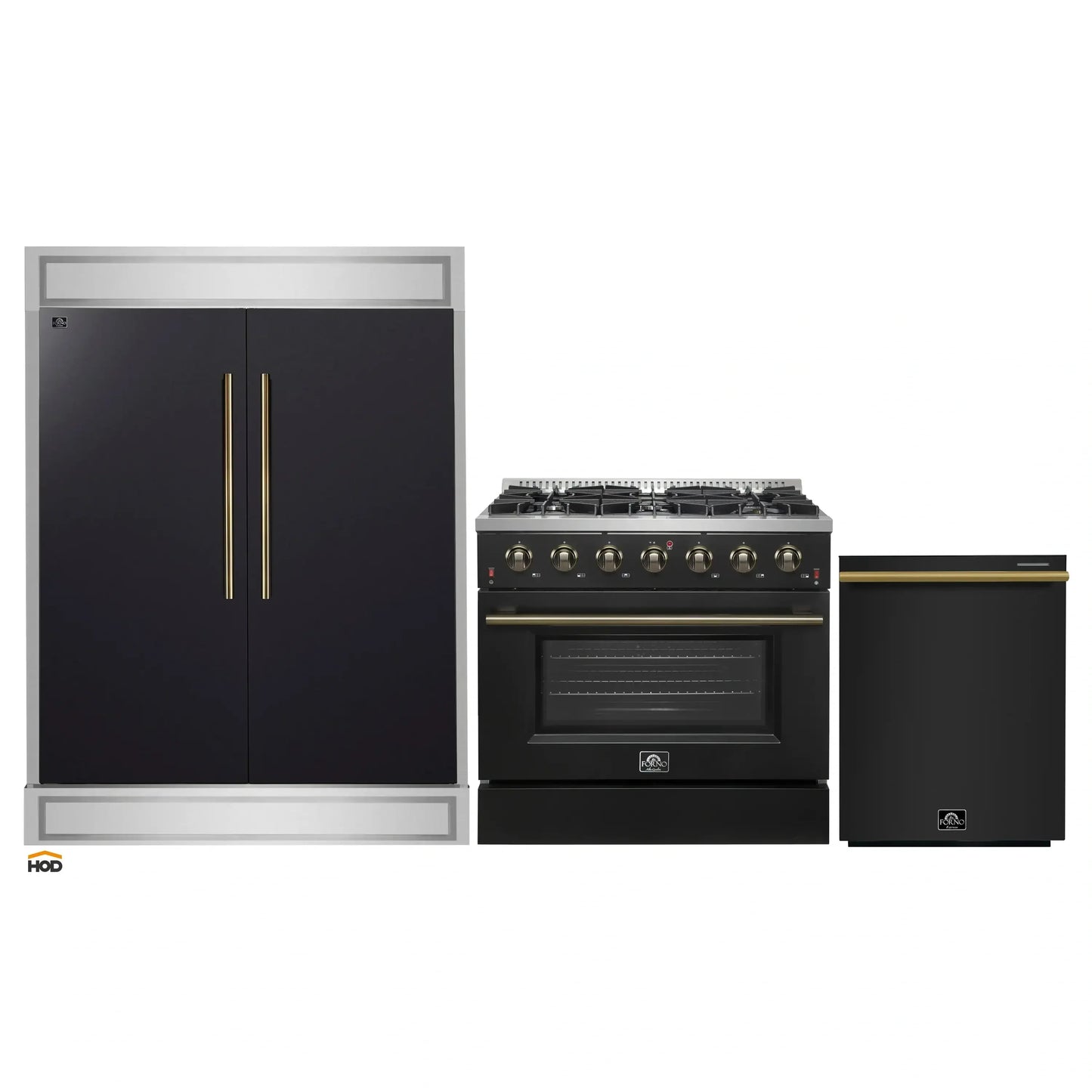 Forno 3-Piece Appliance Package - 36-Inch Gas Range, 60-Inch Convertible Refrigerator with Modern Trim, and Dishwasher in Black with Antique Brass Handle - AP3-6244-36BLK-60MG