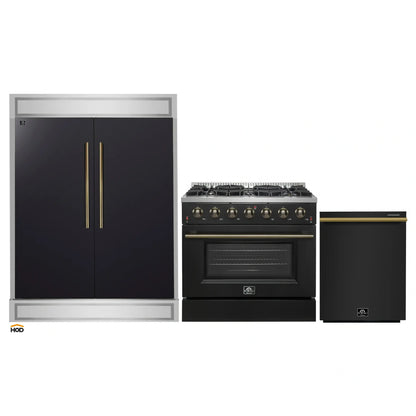 Forno 3-Piece Appliance Package - 36-Inch Gas Range, 60-Inch Convertible Refrigerator with Modern Trim, and Dishwasher in Black with Antique Brass Handle - AP3-6244-36BLK-60MG