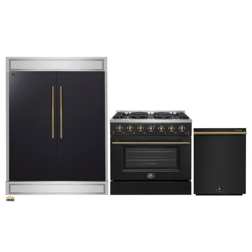 Forno 3-Piece Appliance Package - 36-Inch Gas Range, 60-Inch Convertible Refrigerator with Modern Trim, and Dishwasher in Black with Antique Brass Handle - AP3-6244-36BLK-60MG