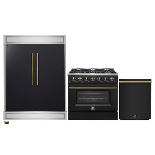 Forno 3-Piece Appliance Package - 36-Inch Gas Range, 60-Inch Convertible Refrigerator with Modern Trim, and Dishwasher in Black with Antique Brass Handle - AP3-6244-36BLK-60MG