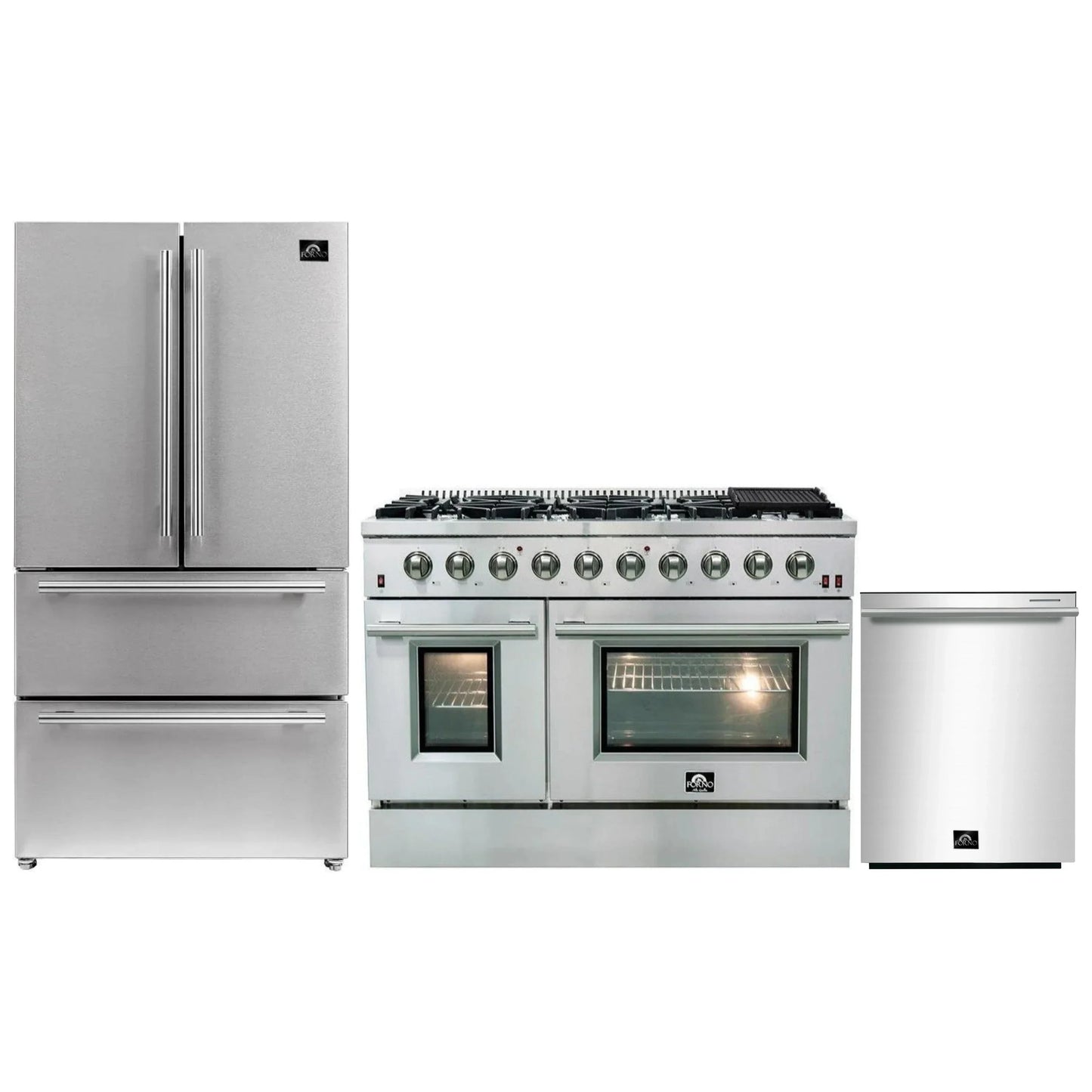 Forno 3-Piece Appliance Package - 48-Inch Gas Range, French Door Refrigerator, and Dishwasher in Stainless Steel - AP3-6244-48