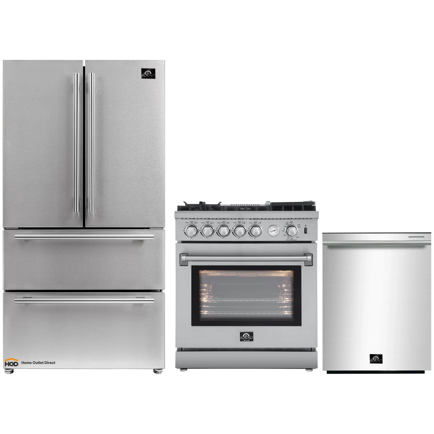 Forno 3-Piece Appliance Package - 30-Inch Gas Range with Air Fryer, French Door Refrigerator, and Dishwasher in Stainless Steel - AP3-6276-30