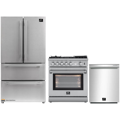 Forno 3-Piece Appliance Package - 30-Inch Gas Range with Air Fryer, French Door Refrigerator, and Dishwasher in Stainless Steel - AP3-6276-30