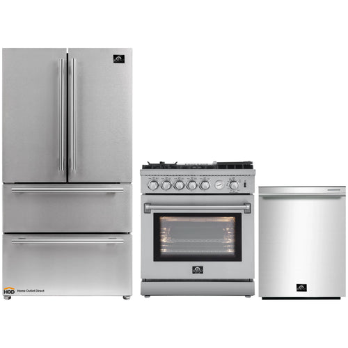 Forno 3-Piece Appliance Package - 30-Inch Gas Range with Air Fryer, French Door Refrigerator, and Dishwasher in Stainless Steel - AP3-6276-30