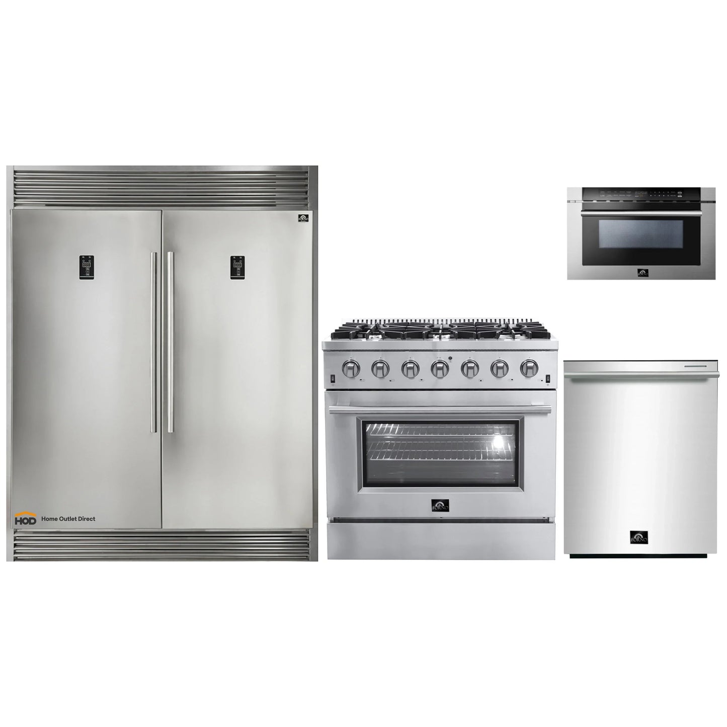 Forno 4-Piece Appliance Package - 36-Inch Gas Range, 60-Inch Pro-Style Refrigerator, 24-Inch Microwave Drawer, & 3-Rack Dishwasher in Stainless Stee - AP4-60S-6244-36-MWDl