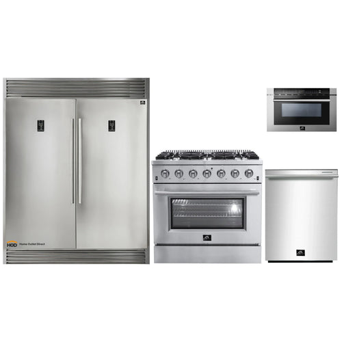 Forno 4-Piece Appliance Package - 36-Inch Gas Range, 60-Inch Pro-Style Refrigerator, 24-Inch Microwave Drawer, & 3-Rack Dishwasher in Stainless Stee - AP4-60S-6244-36-MWDl