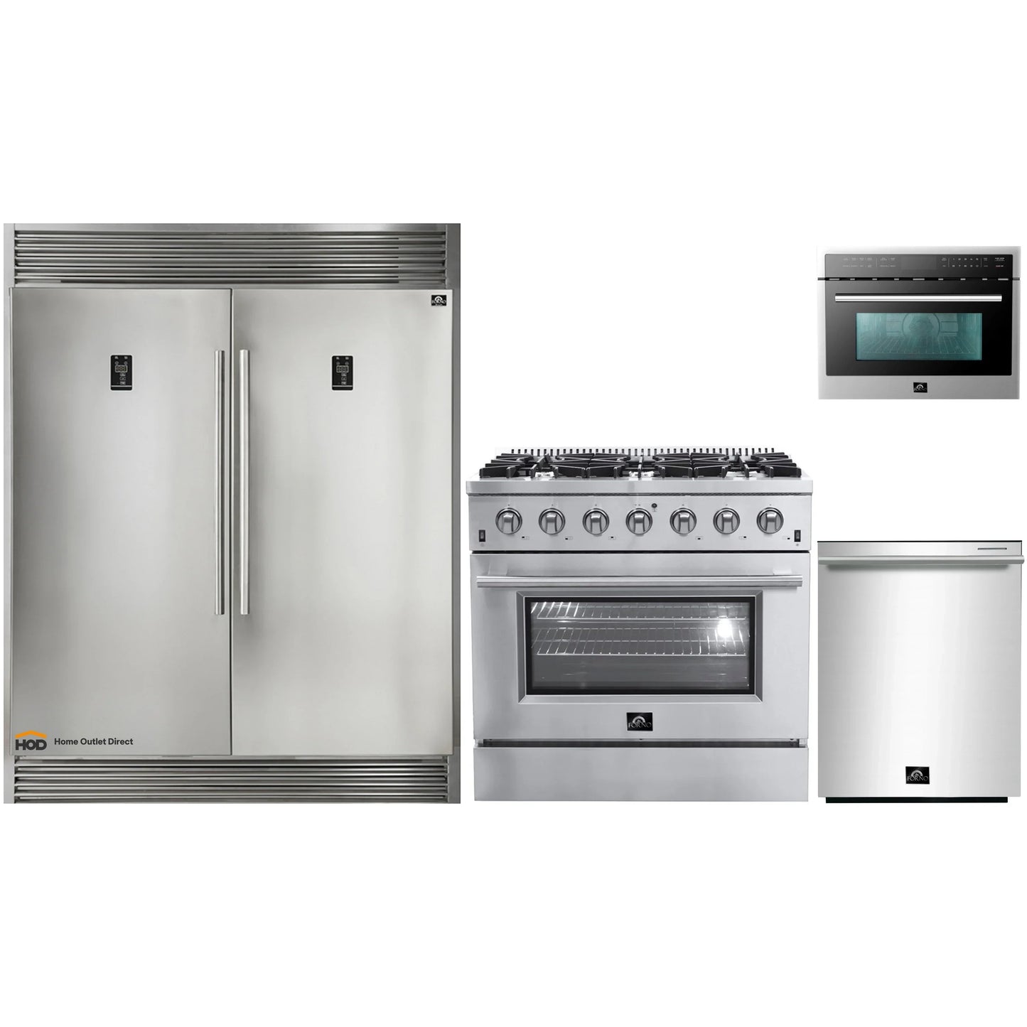 Forno 4-Piece Appliance Package - 36-Inch Gas Range, 60-Inch Pro-Style Refrigerator, 24-Inch Microwave Oven, & 3-Rack Dishwasher in Stainless Steel - AP4-60S-6244-36-MWO