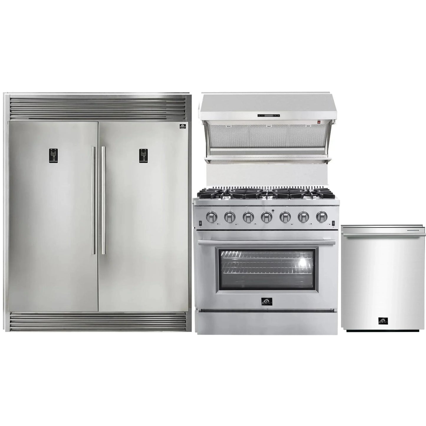 Forno 4-Piece Appliance Package - 36-Inch Gas Range, 60-Inch Pro-Style Refrigerator, Wall Mount Hood with Backsplash, & 3-Rack Dishwasher in Stainless Steel - AP4-60S-6244-36