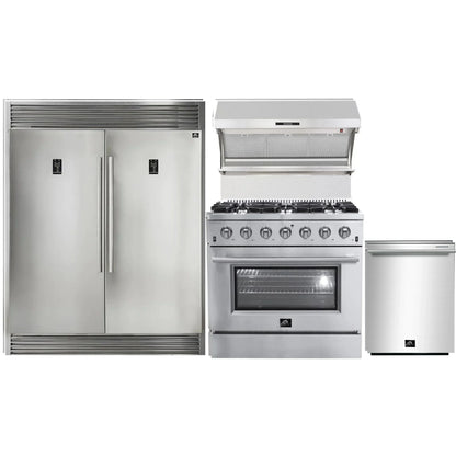 Forno 4-Piece Appliance Package - 36-Inch Gas Range, 60-Inch Pro-Style Refrigerator, Wall Mount Hood with Backsplash, & 3-Rack Dishwasher in Stainless Steel - AP4-60S-6244-36