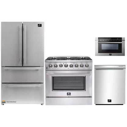 Forno 4-Piece Appliance Package - 36-Inch Dual Fuel Range, Refrigerator, 24-Inch Microwave Drawer, & 3-Rack Dishwasher in Stainless Steel - AP4-6156-36-MWD