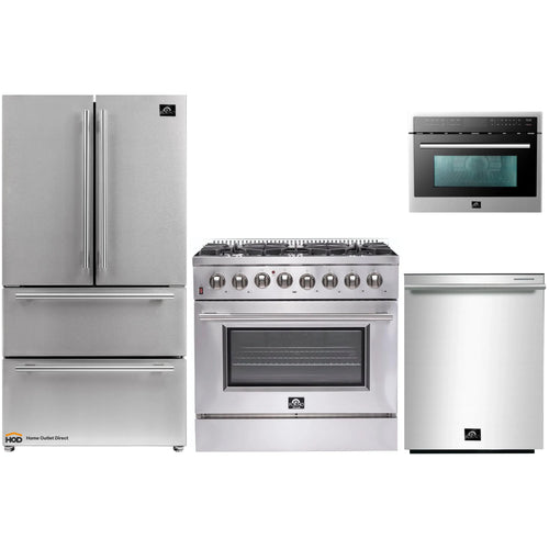 Forno 4-Piece Appliance Package - 36-Inch Dual Fuel Range, Refrigerator, 24-Inch Microwave Oven, & 3-Rack Dishwasher in Stainless Steel - AP4-6156-36-MWO