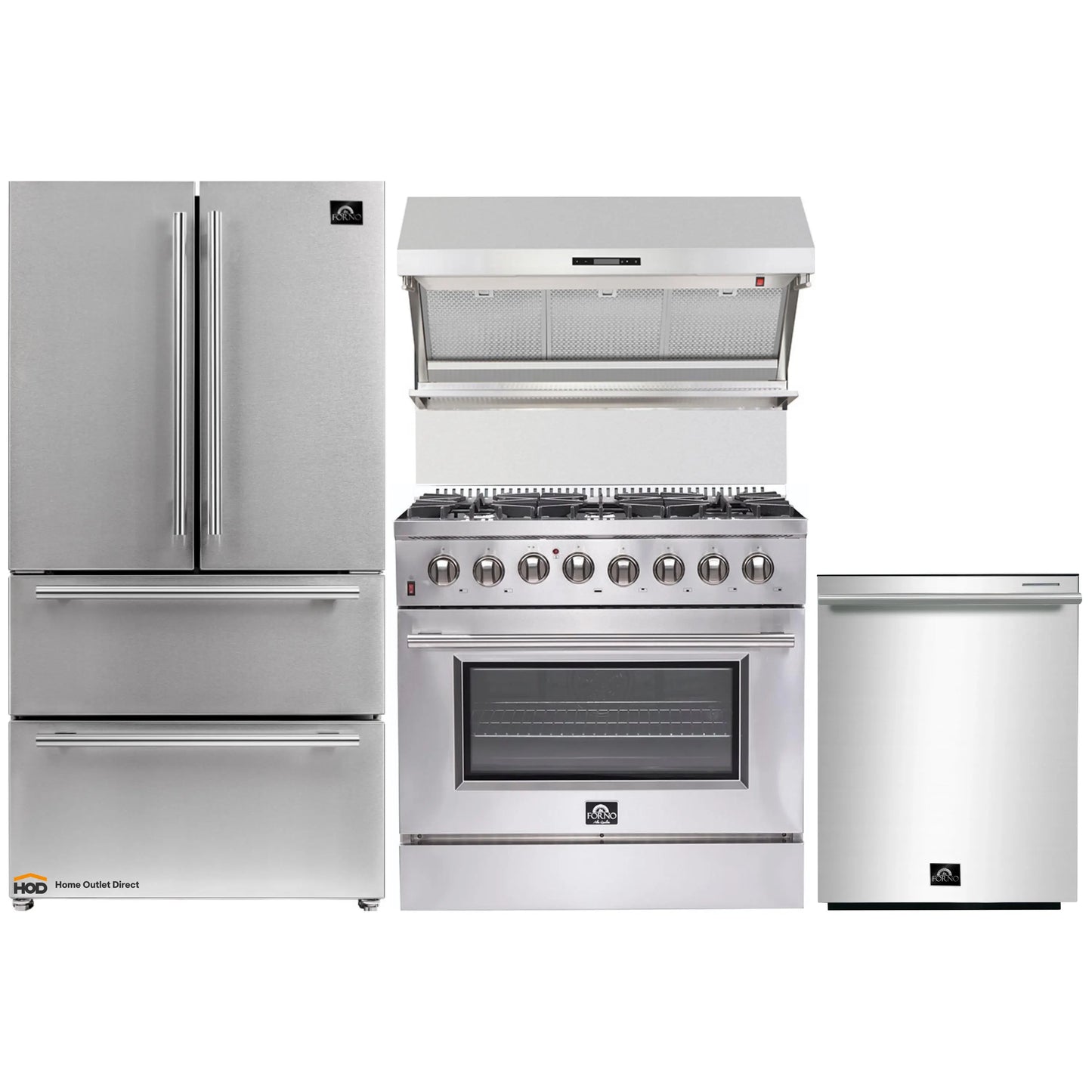 Forno 4-Piece Appliance Package - 36-Inch Dual Fuel Range, Refrigerator, Wall Mount Hood with Backsplash, & 3-Rack Dishwasher in Stainless Steel - AP4-6156-36