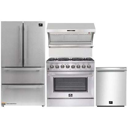 Forno 4-Piece Appliance Package - 36-Inch Dual Fuel Range, Refrigerator, Wall Mount Hood with Backsplash, & 3-Rack Dishwasher in Stainless Steel - AP4-6156-36