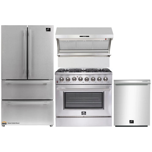 Forno 4-Piece Appliance Package - 36-Inch Dual Fuel Range, Refrigerator, Wall Mount Hood with Backsplash, & 3-Rack Dishwasher in Stainless Steel - AP4-6156-36