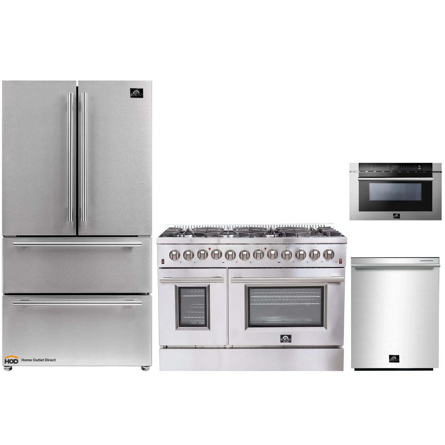 Forno 4-Piece Appliance Package - 48-Inch Dual Fuel Range, Refrigerator, 24-Inch Microwave Drawer, & 3-Rack Dishwasher in Stainless Steel - AP4-6156-48-MWD