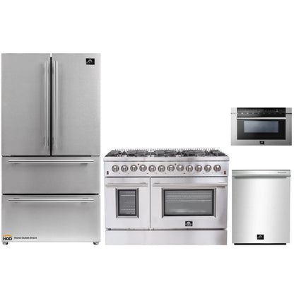 Forno 4-Piece Appliance Package - 48-Inch Dual Fuel Range, Refrigerator, 24-Inch Microwave Drawer, & 3-Rack Dishwasher in Stainless Steel - AP4-6156-48-MWD