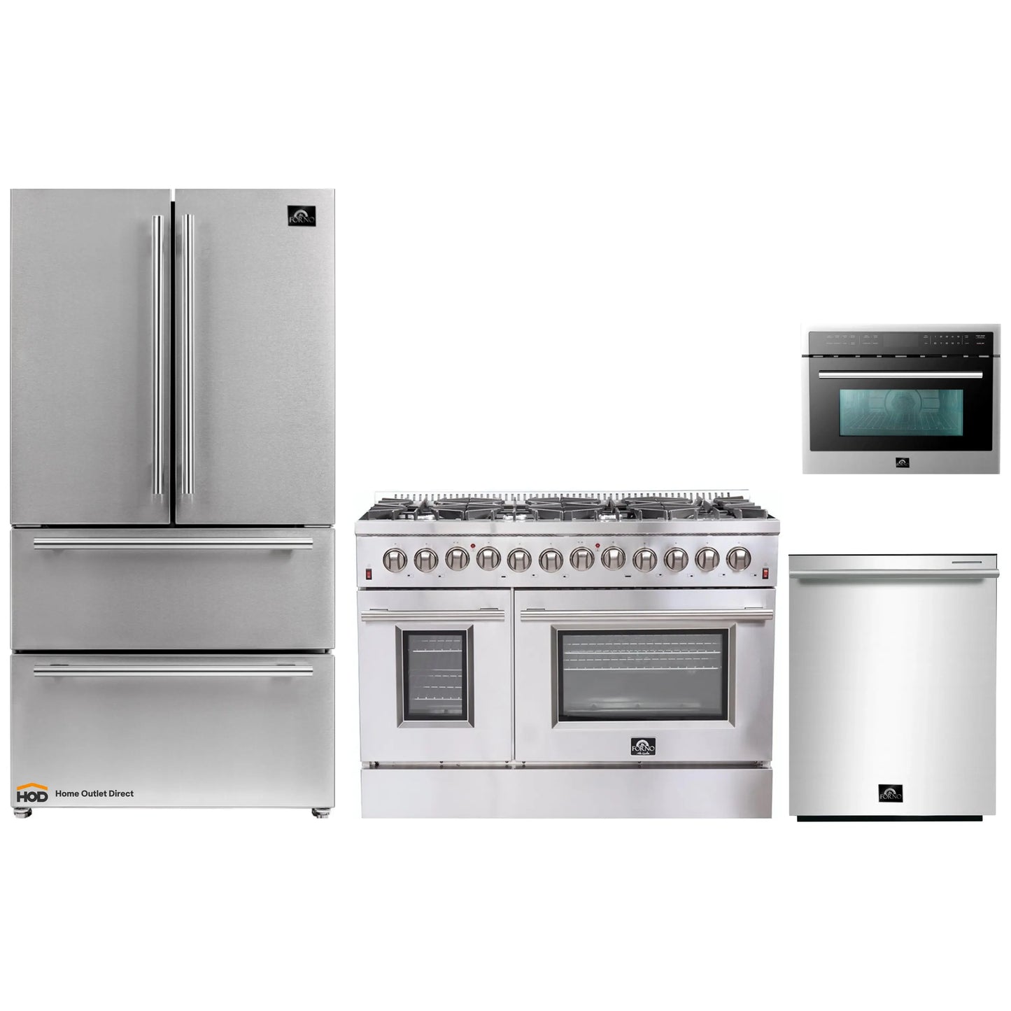 Forno 4-Piece Appliance Package - 48-Inch Dual Fuel Range, Refrigerator, 24-Inch Microwave Oven, & 3-Rack Dishwasher in Stainless Steel - AP4-6156-48-MWO