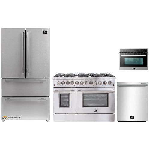 Forno 4-Piece Appliance Package - 48-Inch Dual Fuel Range, Refrigerator, 24-Inch Microwave Oven, & 3-Rack Dishwasher in Stainless Steel - AP4-6156-48-MWO