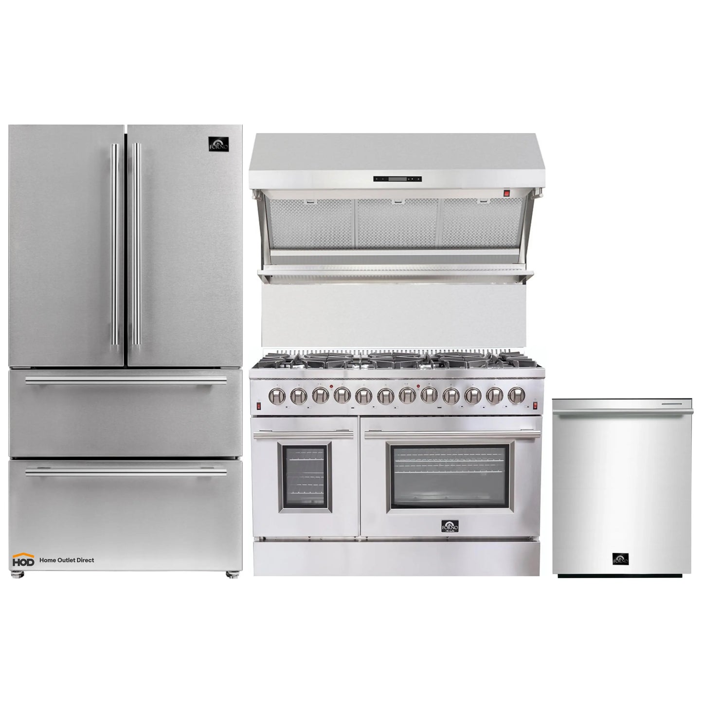 Forno 4-Piece Appliance Package - 48-Inch Dual Fuel Range, Refrigerator, Wall Mount Hood with Backsplash, & 3-Rack Dishwasher in Stainless Steel - AP4-6156-48