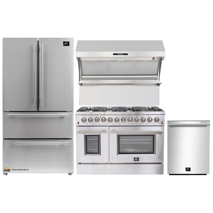 Forno 4-Piece Appliance Package - 48-Inch Dual Fuel Range, Refrigerator, Wall Mount Hood with Backsplash, & 3-Rack Dishwasher in Stainless Steel - AP4-6156-48