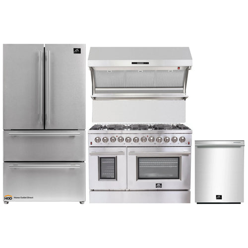 Forno 4-Piece Appliance Package - 48-Inch Dual Fuel Range, Refrigerator, Wall Mount Hood with Backsplash, & 3-Rack Dishwasher in Stainless Steel - AP4-6156-48