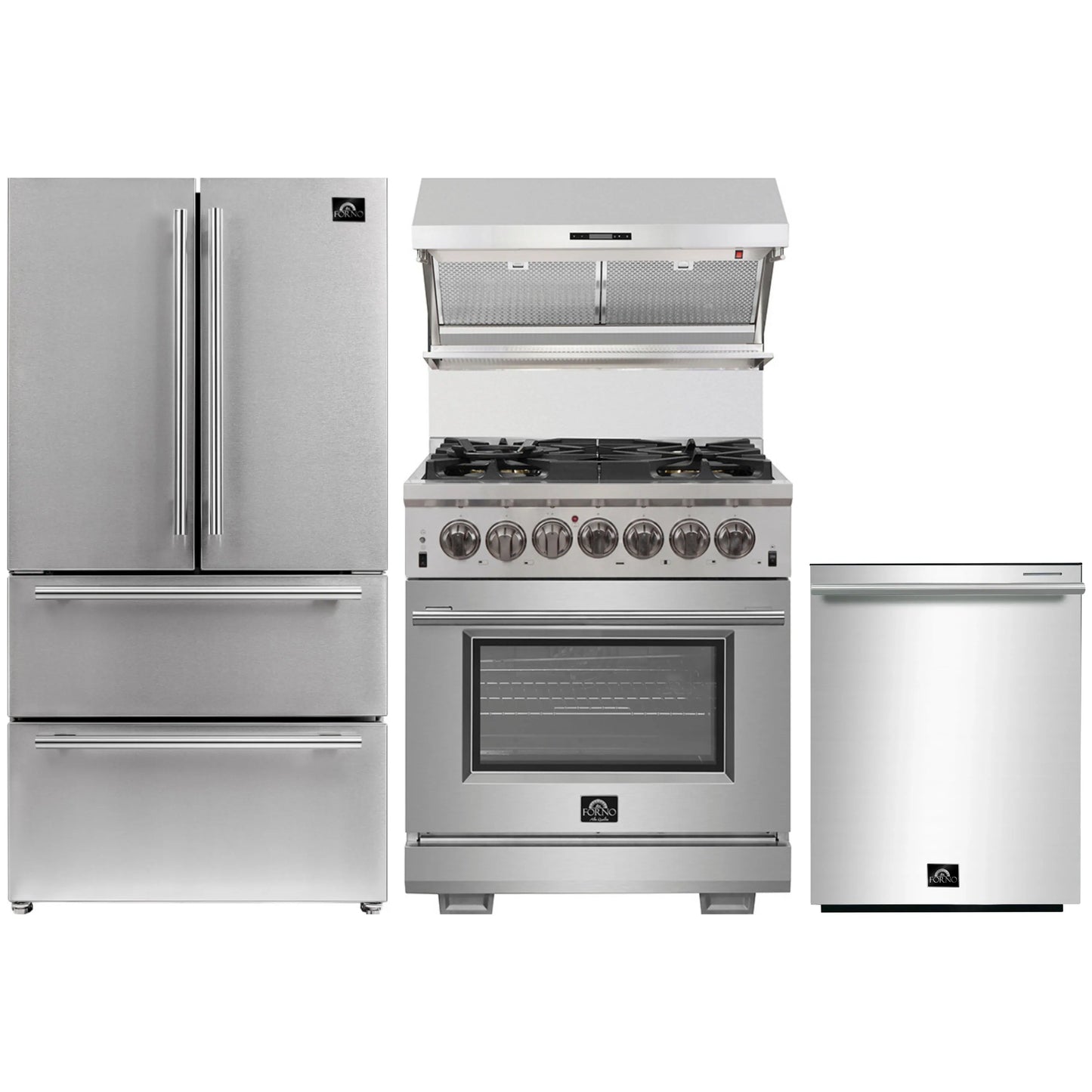 Forno 4-Piece Pro Appliance Package - 30-Inch Dual Fuel Range, Premium Hood, French Door Refrigerator, and Dishwasher in Stainless Steel - AP4-6187-30
