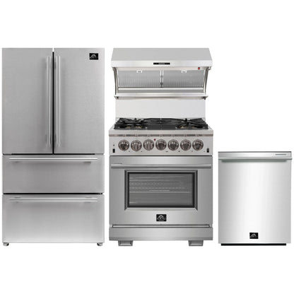 Forno 4-Piece Pro Appliance Package - 30-Inch Dual Fuel Range, Premium Hood, French Door Refrigerator, and Dishwasher in Stainless Steel - AP4-6187-30
