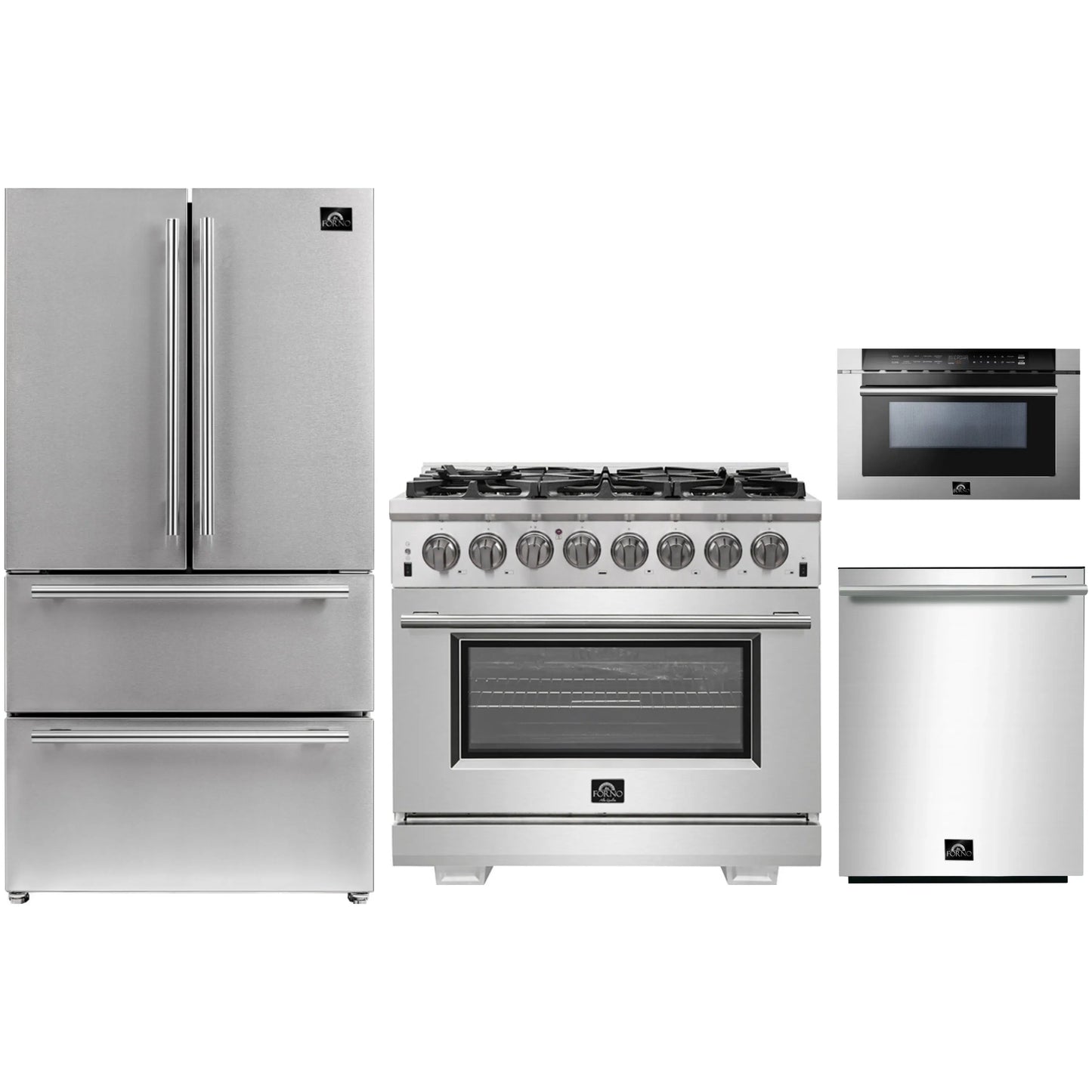 Forno 4-Piece Pro Appliance Package - 36-Inch Dual Fuel Range, Refrigerator, 24-Inch Microwave Drawer, & 3-Rack Dishwasher in Stainless Steel - AP4-6187-36-MWD
