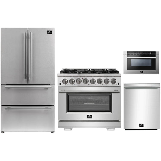 Forno 4-Piece Pro Appliance Package - 36-Inch Dual Fuel Range, Refrigerator, 24-Inch Microwave Drawer, & 3-Rack Dishwasher in Stainless Steel - AP4-6187-36-MWD