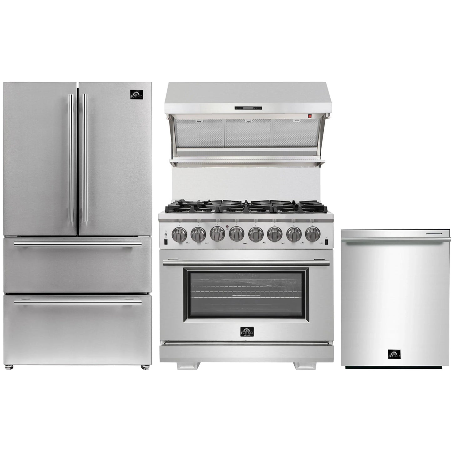 Forno 4-Piece Pro Appliance Package - 36-Inch Dual Fuel Range, French Door Refrigerator, Wall Mount Hood with Backsplash, and Dishwasher in Stainless Steel - AP4-6187-36