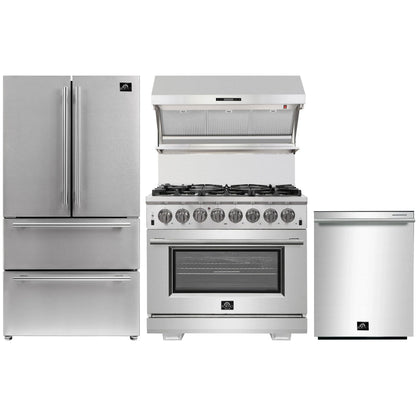 Forno 4-Piece Pro Appliance Package - 36-Inch Dual Fuel Range, French Door Refrigerator, Wall Mount Hood with Backsplash, and Dishwasher in Stainless Steel - AP4-6187-36
