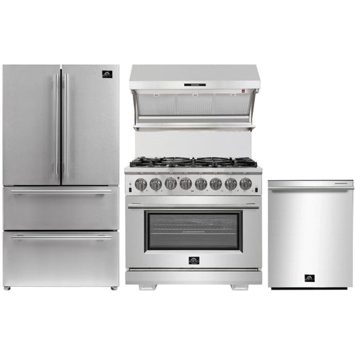 Forno 4-Piece Pro Appliance Package - 36-Inch Dual Fuel Range, French Door Refrigerator, Wall Mount Hood with Backsplash, and Dishwasher in Stainless Steel - AP4-6187-36