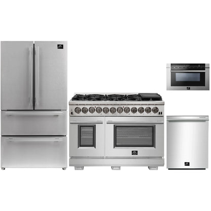 Forno 4-Piece Pro Appliance Package - 48-Inch Dual Fuel Range, Refrigerator, 24-Inch Microwave Drawer, & 3-Rack Dishwasher in Stainless Steel - AP4-6187-48-MWD